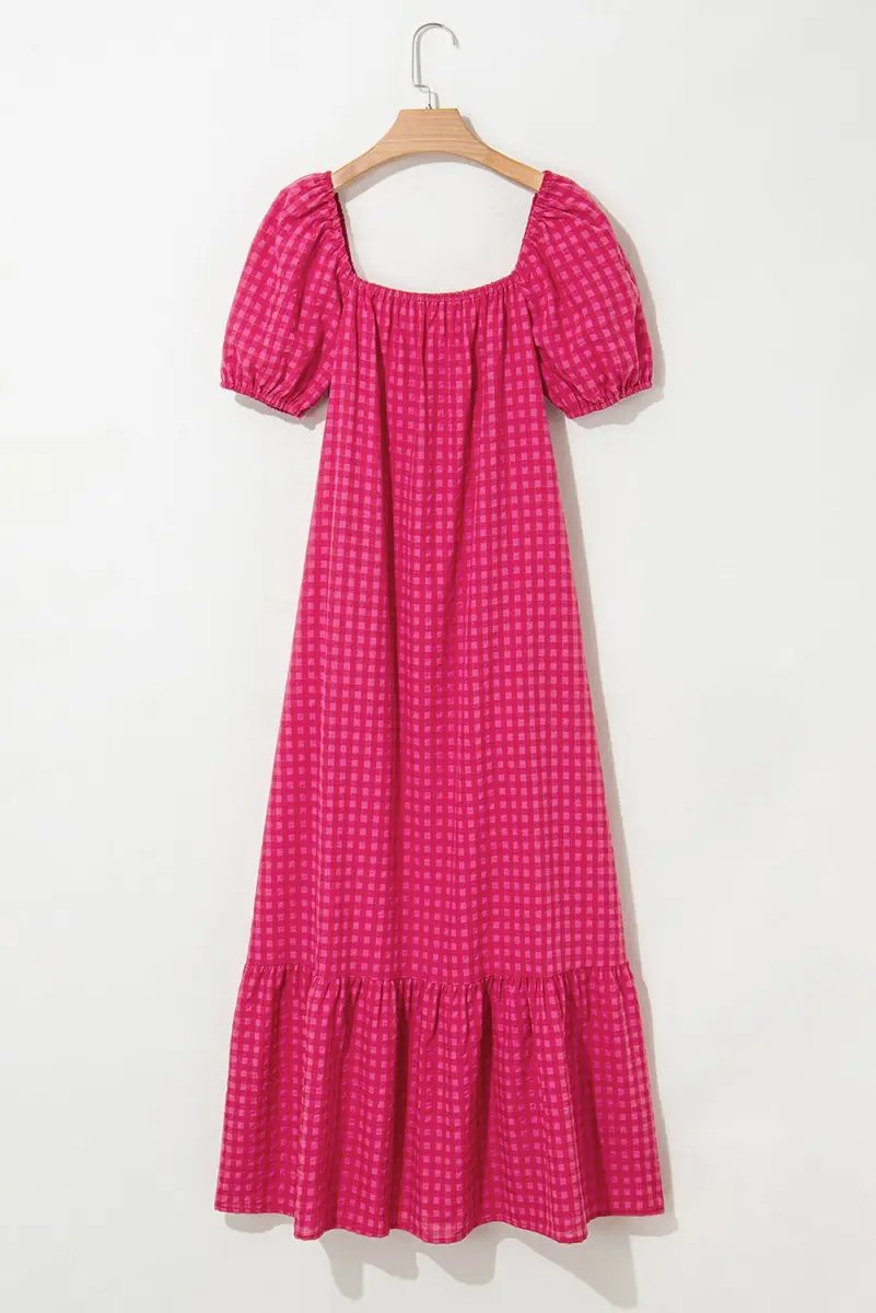 Rose Ginham Check Bubble Sleeve Ruffled Maxi Dress for Women - Love Salve
